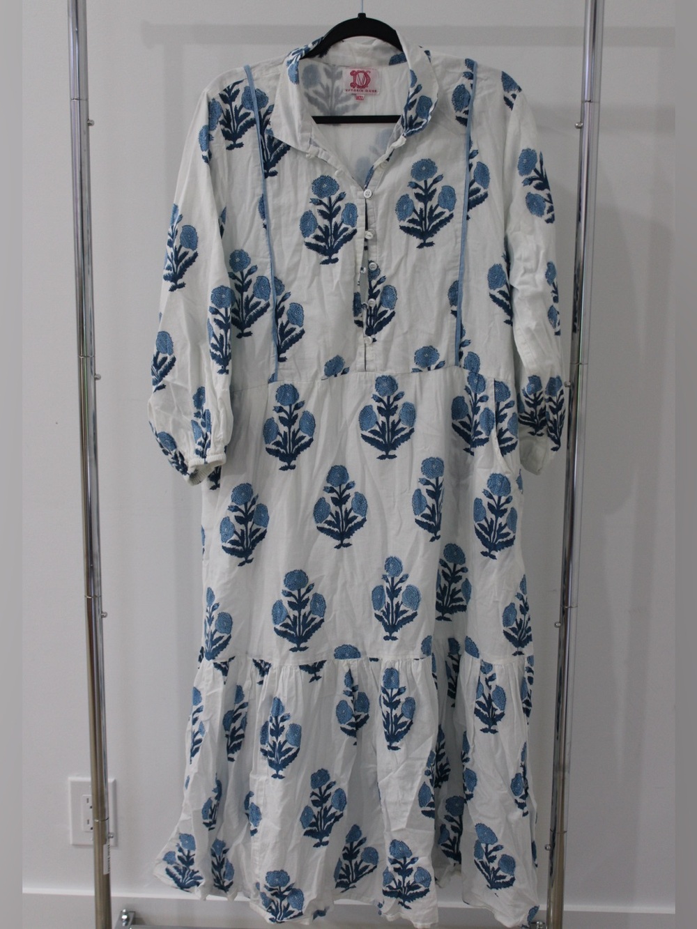 Victoria Dunn White Midi Dress with Blue Floral Motif